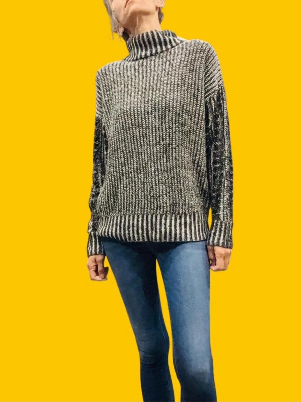 Rock & Republic Black White Marled Cable Knit Turtleneck Sweater XS Oversized
